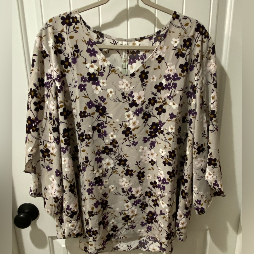 Floral V-Neck Women’s Blouse - Taupe with Purple & White Flowers